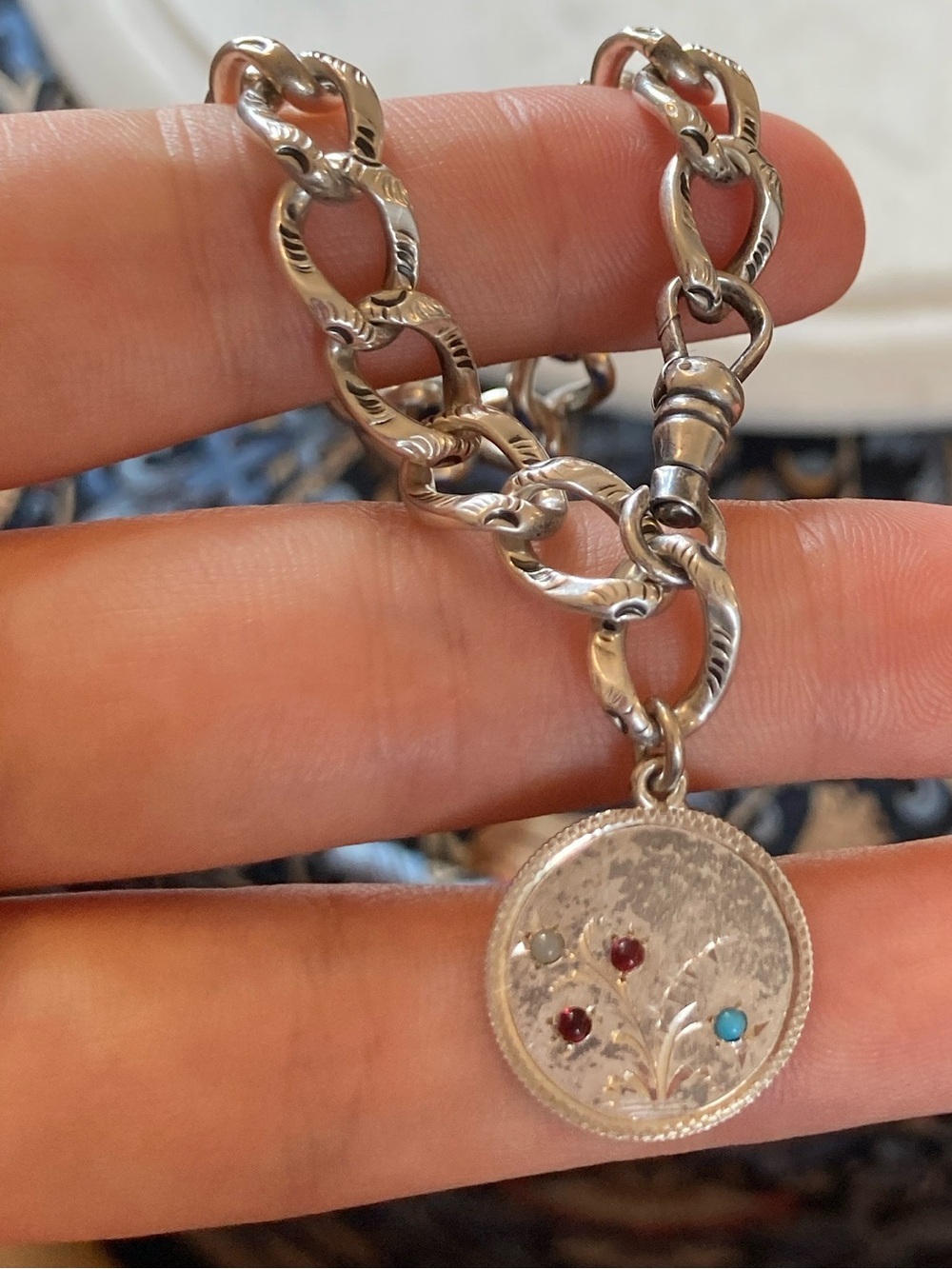Victorian 1890 Gem-Inlaid Seated Liberty Love Token Bracelet Embossed Links